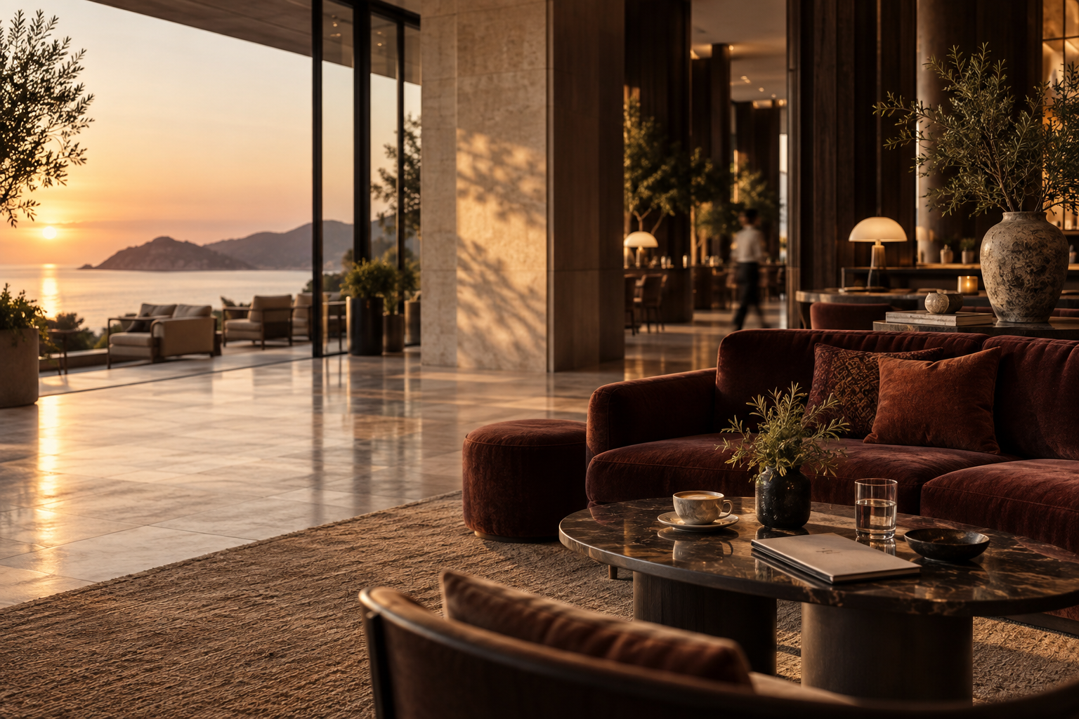 A warm, cinematic boutique hotel lounge overlooking the coast at sunset